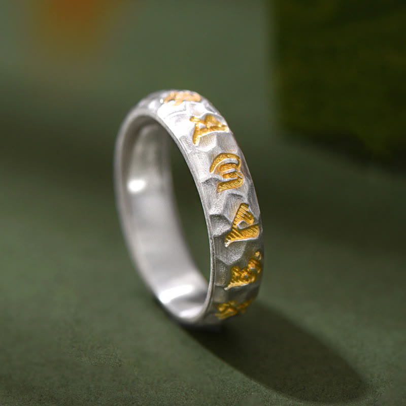 Nimara Ritual Hammer Pattern Om Mani Padme Hum Copper Plated Silver Wealth Ring