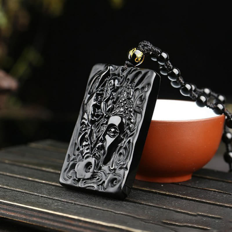 Nimara Ritual Natural Black Obsidian Buddha Devil Pattern Strength Necklace Pendant