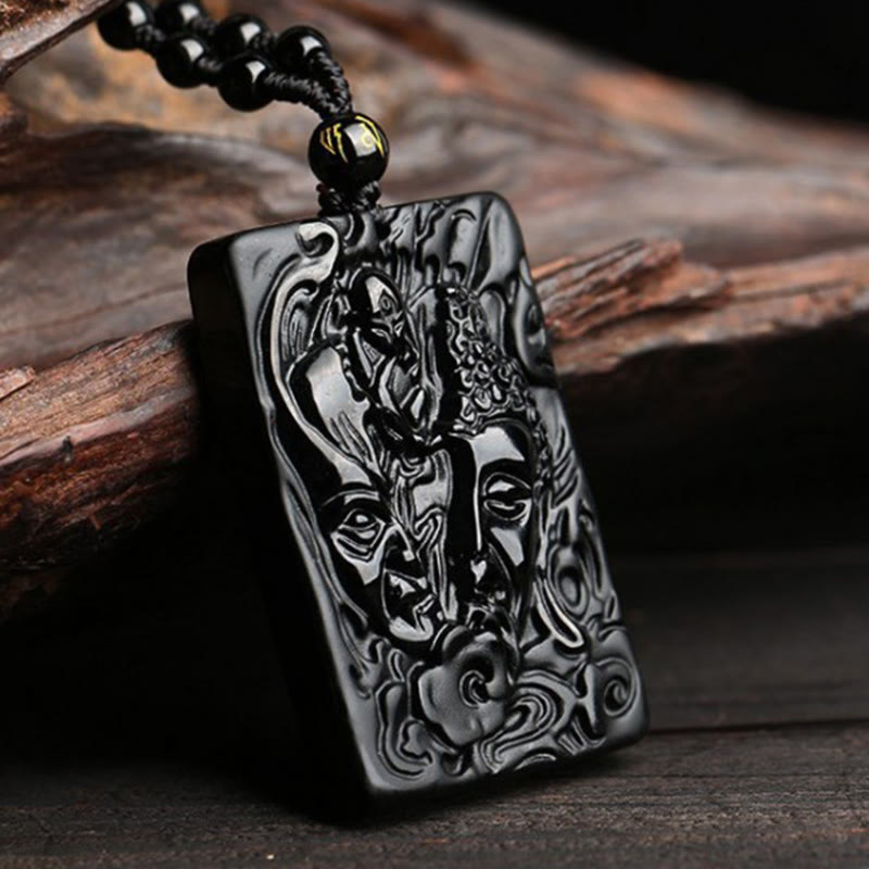 Nimara Ritual Natural Black Obsidian Buddha Devil Pattern Strength Necklace Pendant