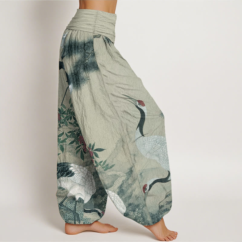 Nimara Ritual Pure Cotton Casual Red-crowned Crane Pine Tree Mountain Women's Elastic Waist Harem Pants