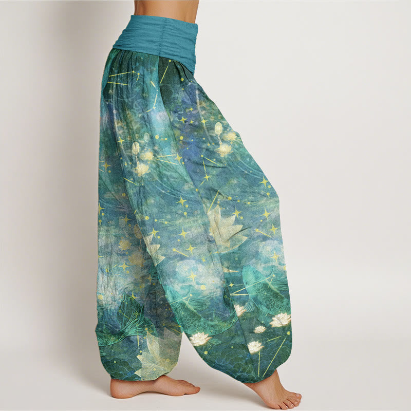 Nimara Ritual Pure Cotton Koi Fish Lotus Moon Stars Pattern Women's Elastic Waist Harem Pants