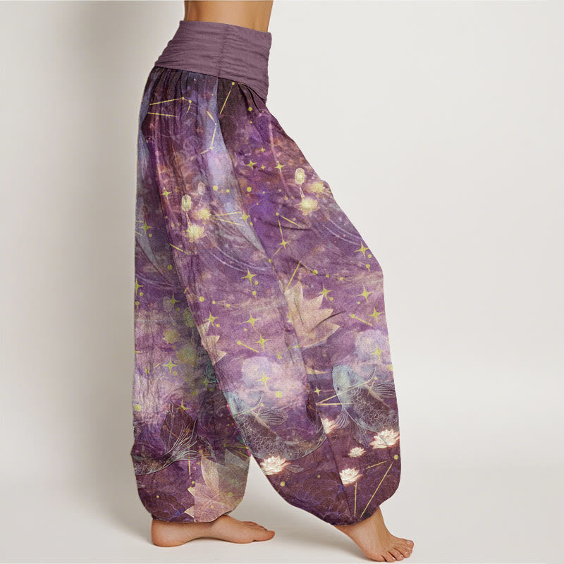 Nimara Ritual Pure Cotton Koi Fish Lotus Moon Stars Pattern Women's Elastic Waist Harem Pants