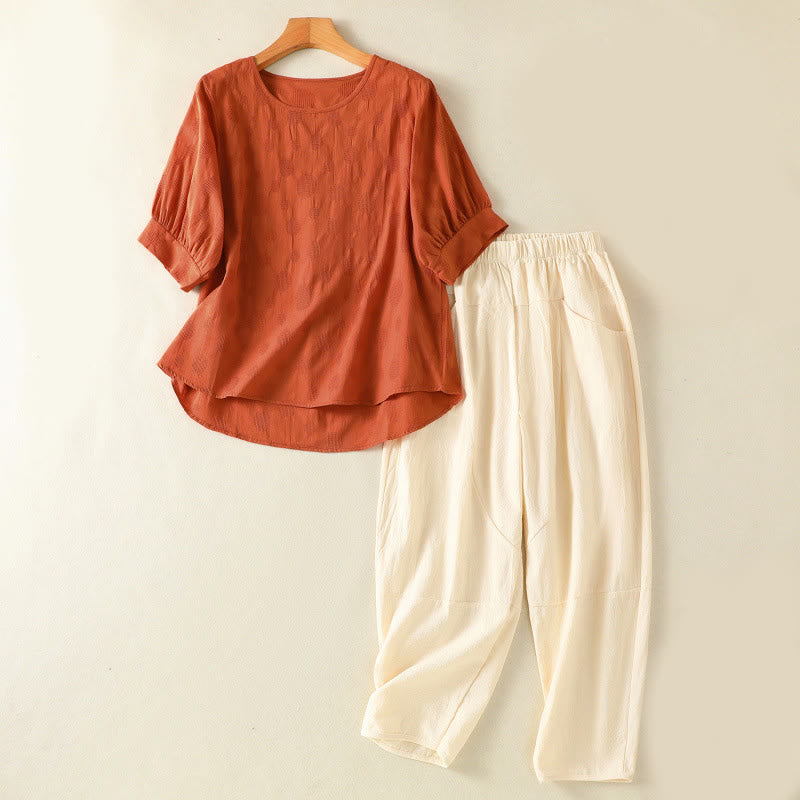 Nimara Ritual 2pcs Plain Women's Short Sleeve Shirt Harem Pants Meditation Clothing Set