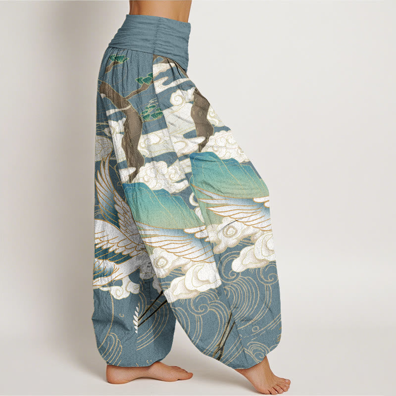 Nimara Ritual Pure Cotton Flying Cranes Auspicious Clouds Tree women's Elastic Waist Harem Pants