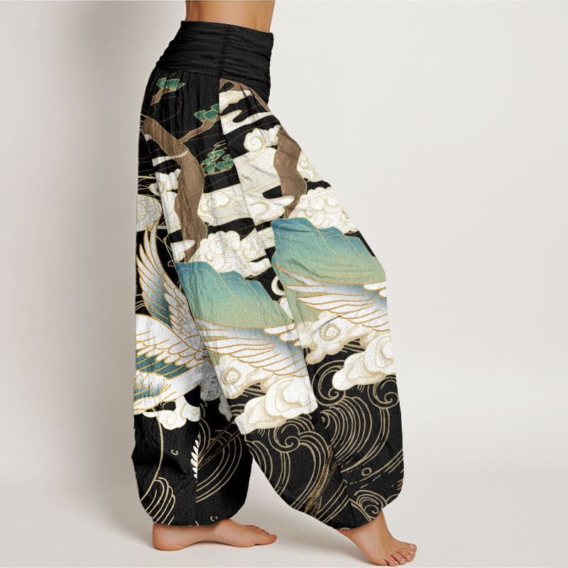 Nimara Ritual Pure Cotton Flying Cranes Auspicious Clouds Tree women's Elastic Waist Harem Pants