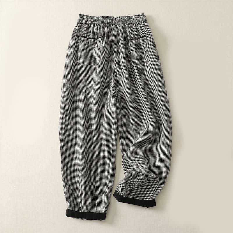 Nimara Ritual Plaid Pattern Drawstring Women's Cotton Linen Harem Pants With Pockets