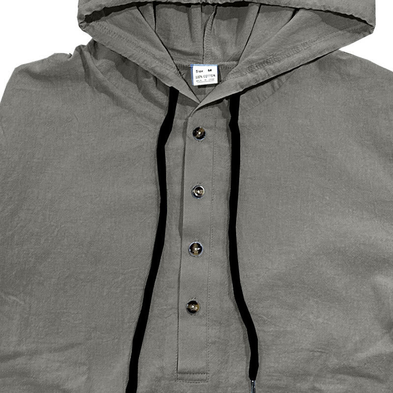 Nimara Ritual Solid Color Fall Half Buttons Men's Hooded Long Sleeve Cotton Shirt