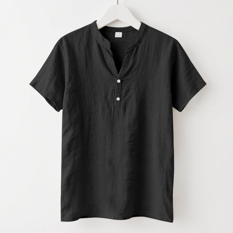Nimara Ritual Solid Summer Short Sleeve Half Buttons Linen Men's Shirt
