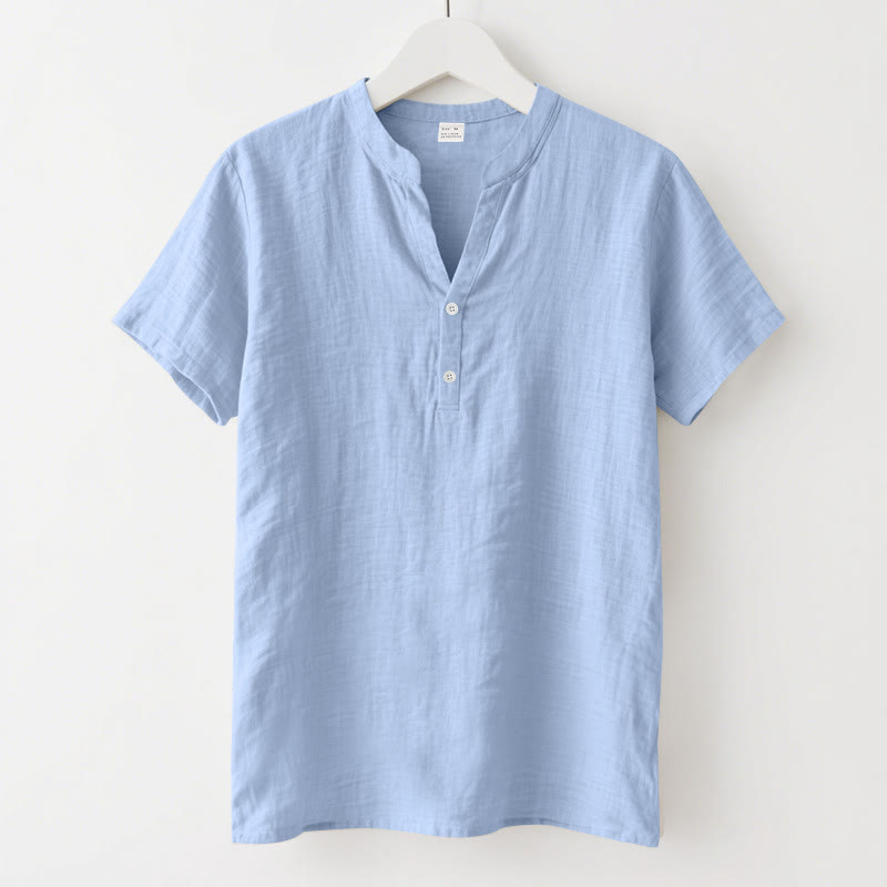 Nimara Ritual Solid Summer Short Sleeve Half Buttons Linen Men's Shirt