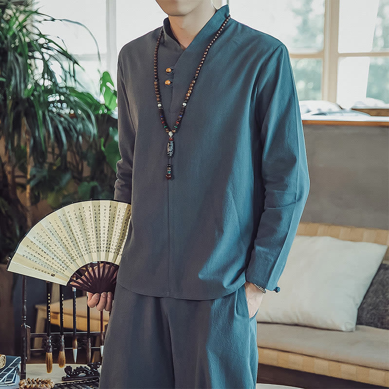 Nimara Ritual 2Pcs Shirt Ankle-Length Pants With Pockets Men's Meditation Cloth Set