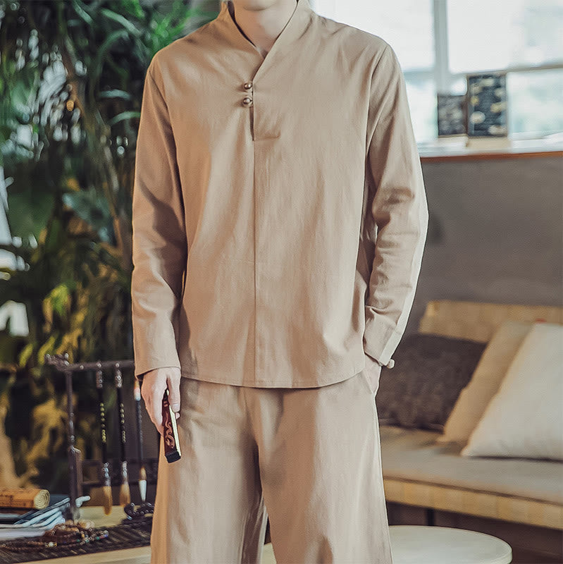 Nimara Ritual 2Pcs Shirt Ankle-Length Pants With Pockets Men's Meditation Cloth Set
