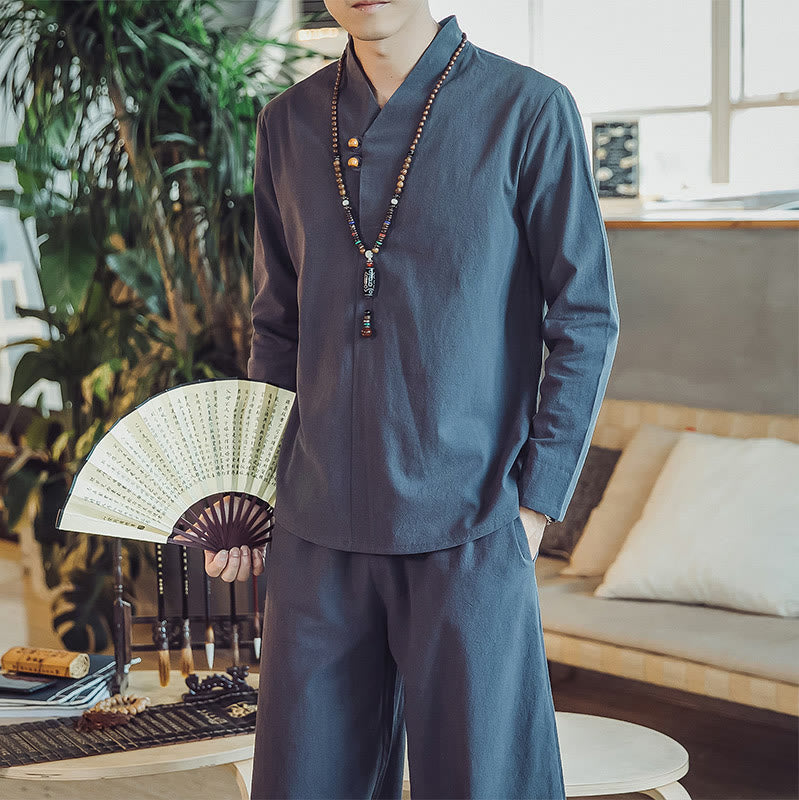 Nimara Ritual 2Pcs Shirt Ankle-Length Pants With Pockets Men's Meditation Cloth Set