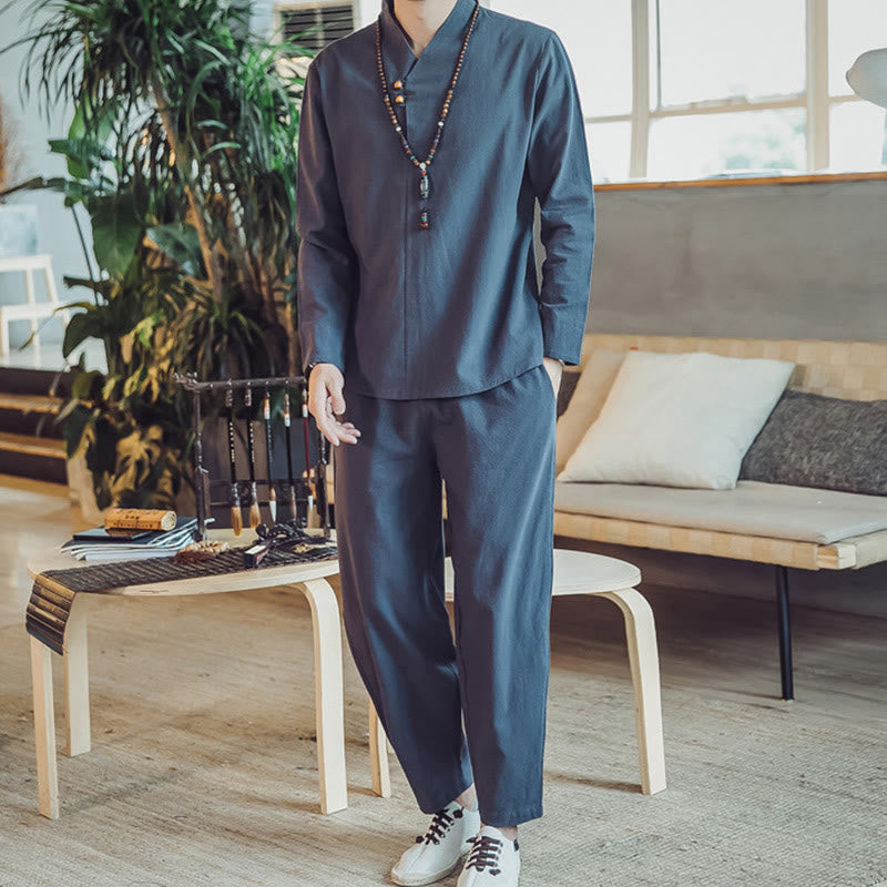 Nimara Ritual 2Pcs Shirt Ankle-Length Pants With Pockets Men's Meditation Cloth Set