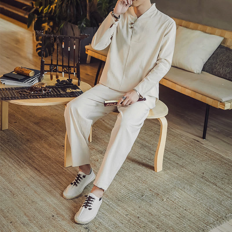 Nimara Ritual 2Pcs Shirt Ankle-Length Pants With Pockets Men's Meditation Cloth Set