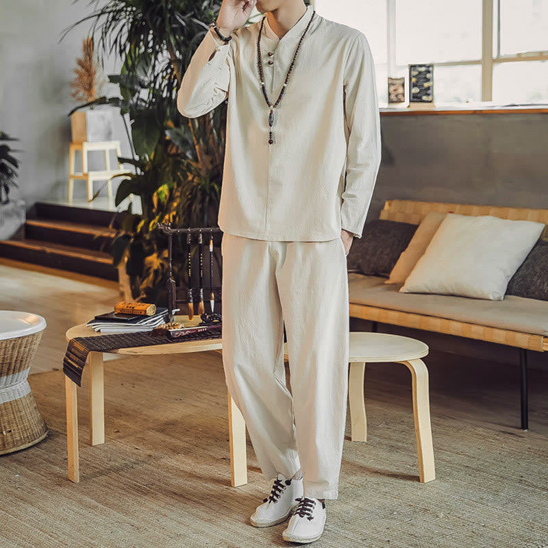 Nimara Ritual 2Pcs Shirt Ankle-Length Pants With Pockets Men's Meditation Cloth Set