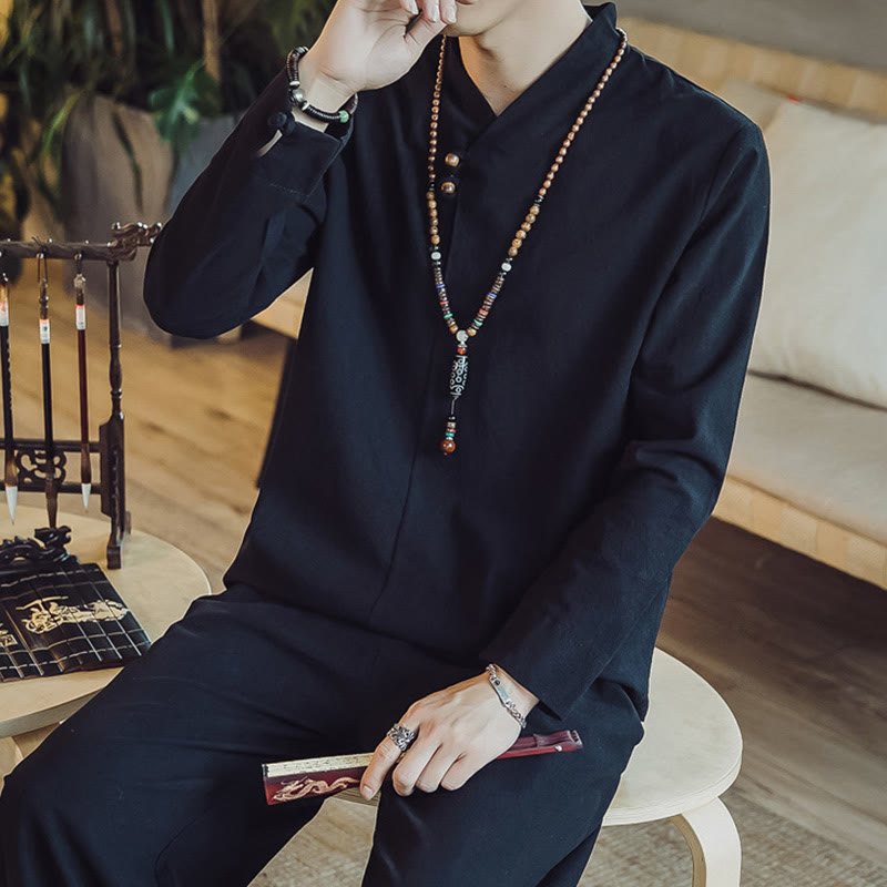 Nimara Ritual 2Pcs Shirt Ankle-Length Pants With Pockets Men's Meditation Cloth Set