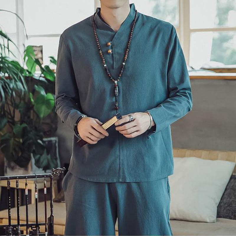 Nimara Ritual 2Pcs Shirt Ankle-Length Pants With Pockets Men's Meditation Cloth Set