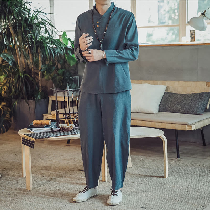 Nimara Ritual 2Pcs Shirt Ankle-Length Pants With Pockets Men's Meditation Cloth Set