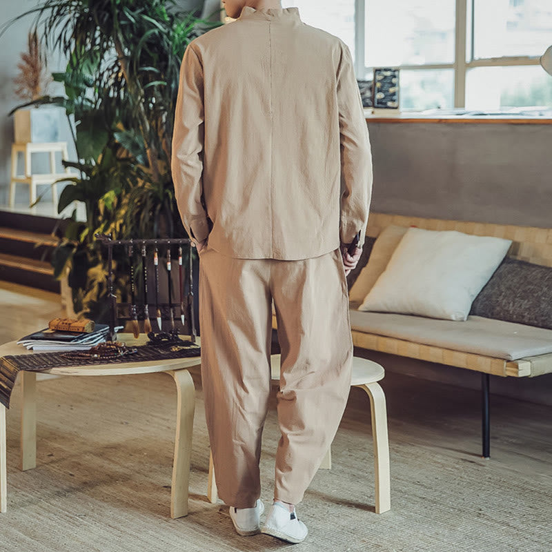 Nimara Ritual 2Pcs Shirt Ankle-Length Pants With Pockets Men's Meditation Cloth Set