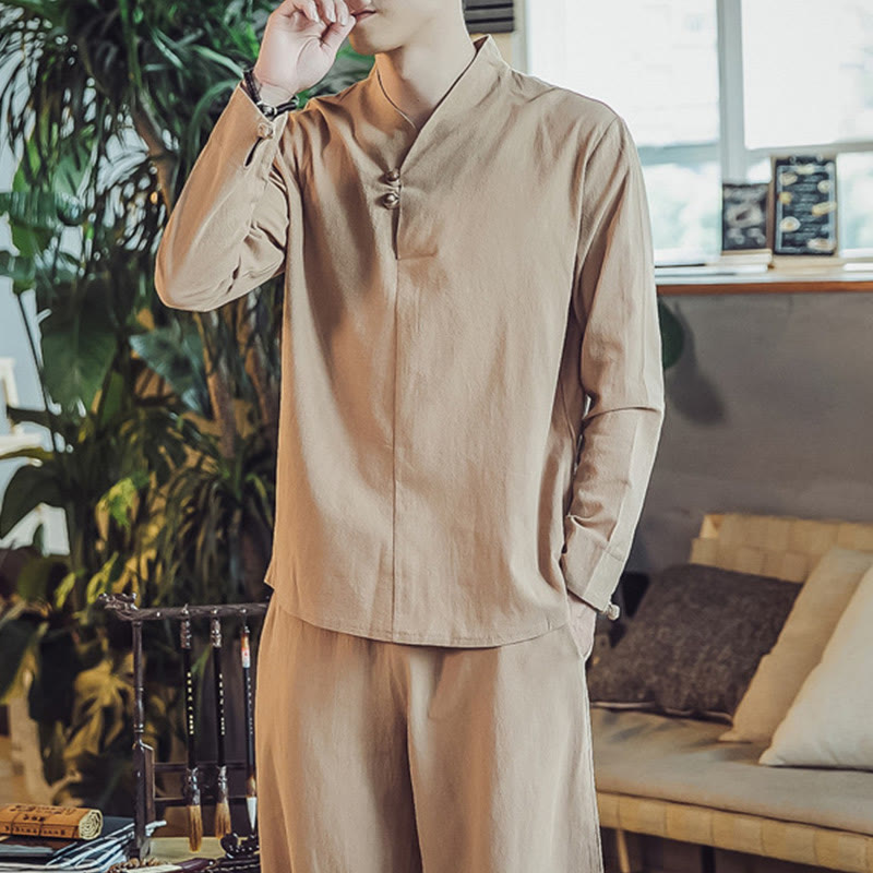 Nimara Ritual 2Pcs Shirt Ankle-Length Pants With Pockets Men's Meditation Cloth Set