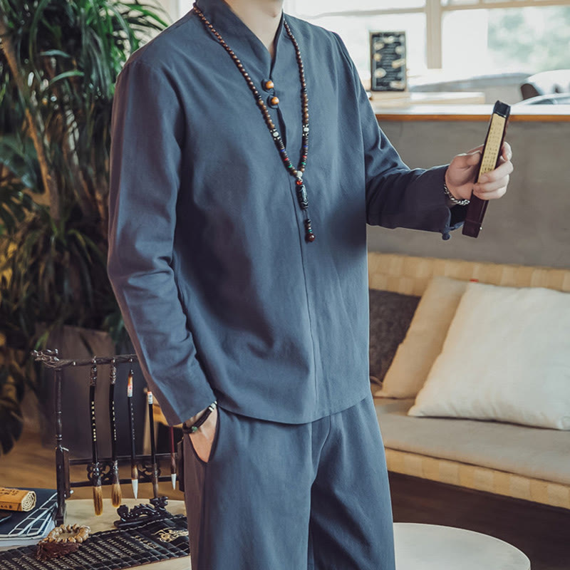 Nimara Ritual 2Pcs Shirt Ankle-Length Pants With Pockets Men's Meditation Cloth Set