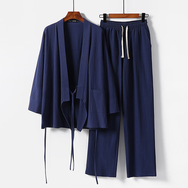 Nimara Ritual 2Pcs Lace-up Cotton Linen Kimono Pants With Pockets Men's Meditation Cloth Set