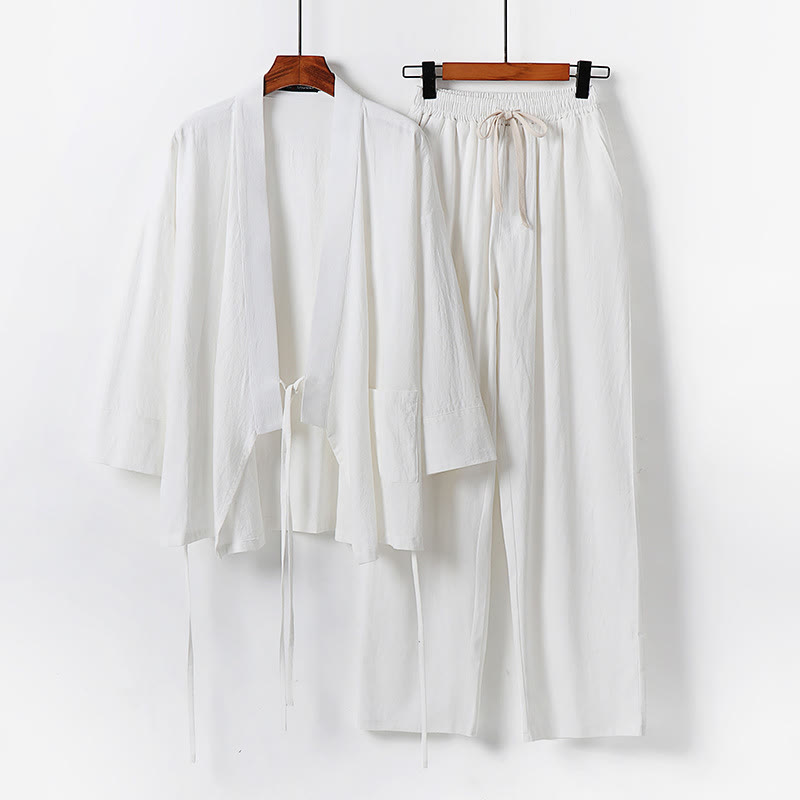 Nimara Ritual 2Pcs Lace-up Cotton Linen Kimono Pants With Pockets Men's Meditation Cloth Set