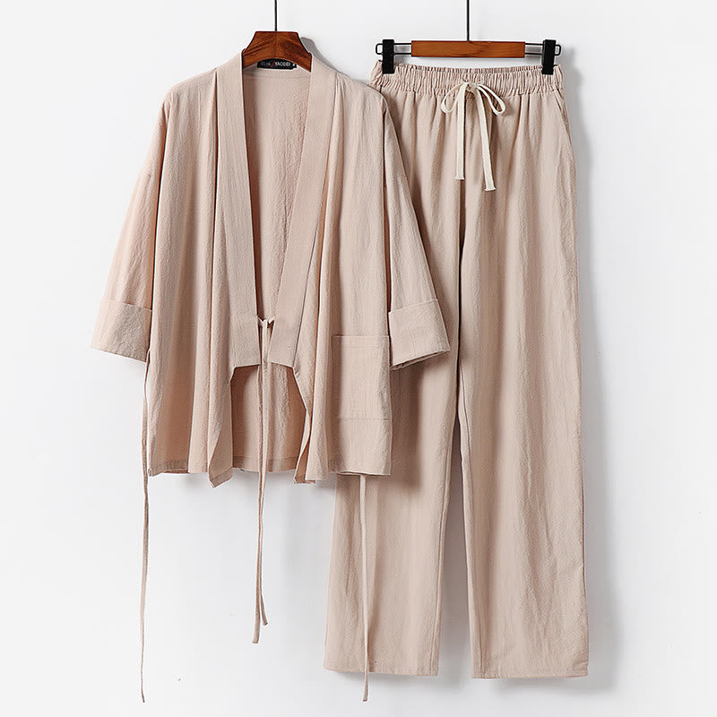 Nimara Ritual 2Pcs Lace-up Cotton Linen Kimono Pants With Pockets Men's Meditation Cloth Set