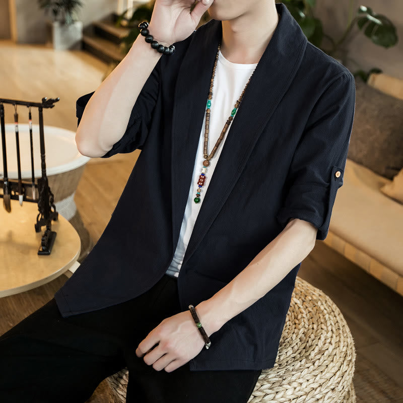 Nimara Ritual Vintage Plain Lapel Open Front Jacket Cotton Men's Kimono