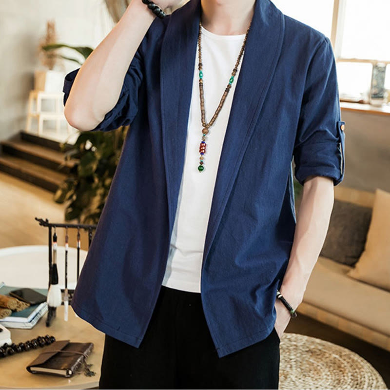 Nimara Ritual Vintage Plain Lapel Open Front Jacket Cotton Men's Kimono