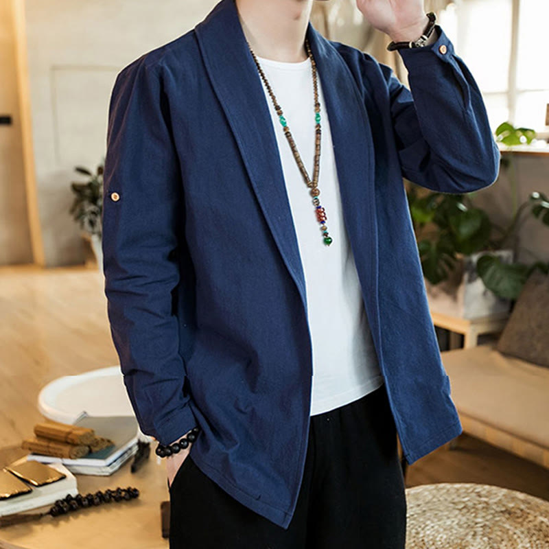 Nimara Ritual Vintage Plain Lapel Open Front Jacket Cotton Men's Kimono