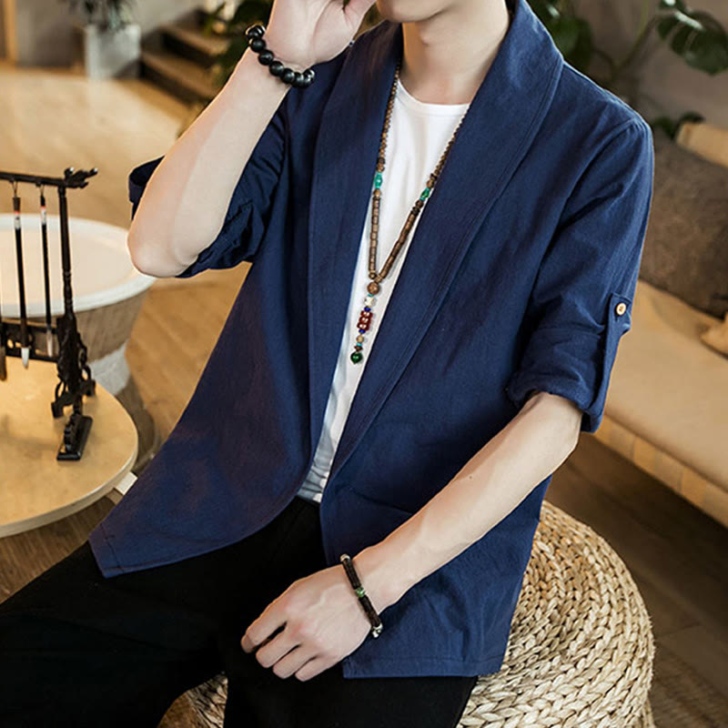 Nimara Ritual Vintage Plain Lapel Open Front Jacket Cotton Men's Kimono