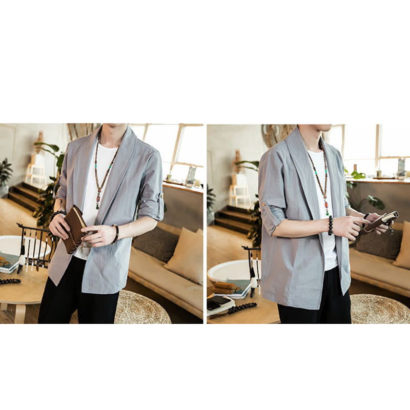 Nimara Ritual Vintage Plain Lapel Open Front Jacket Cotton Men's Kimono