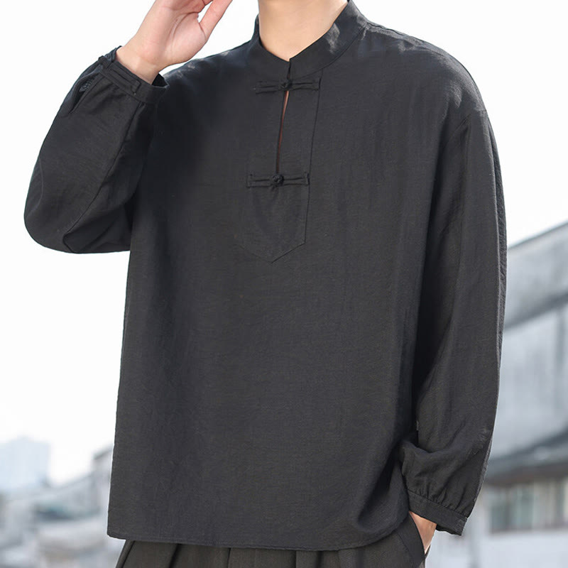 Nimara Ritual Two Frog-Button Stand Collar Long Sleeve Men's Cotton Shirt