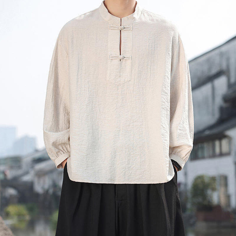 Nimara Ritual Two Frog-Button Stand Collar Long Sleeve Men's Cotton Shirt
