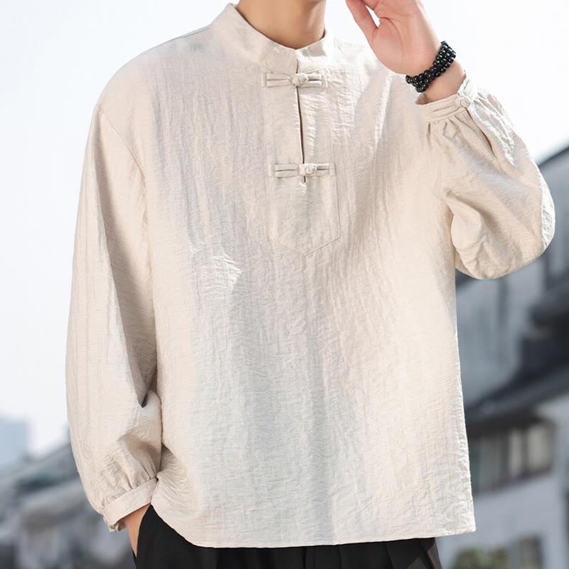 Nimara Ritual Two Frog-Button Stand Collar Long Sleeve Men's Cotton Shirt