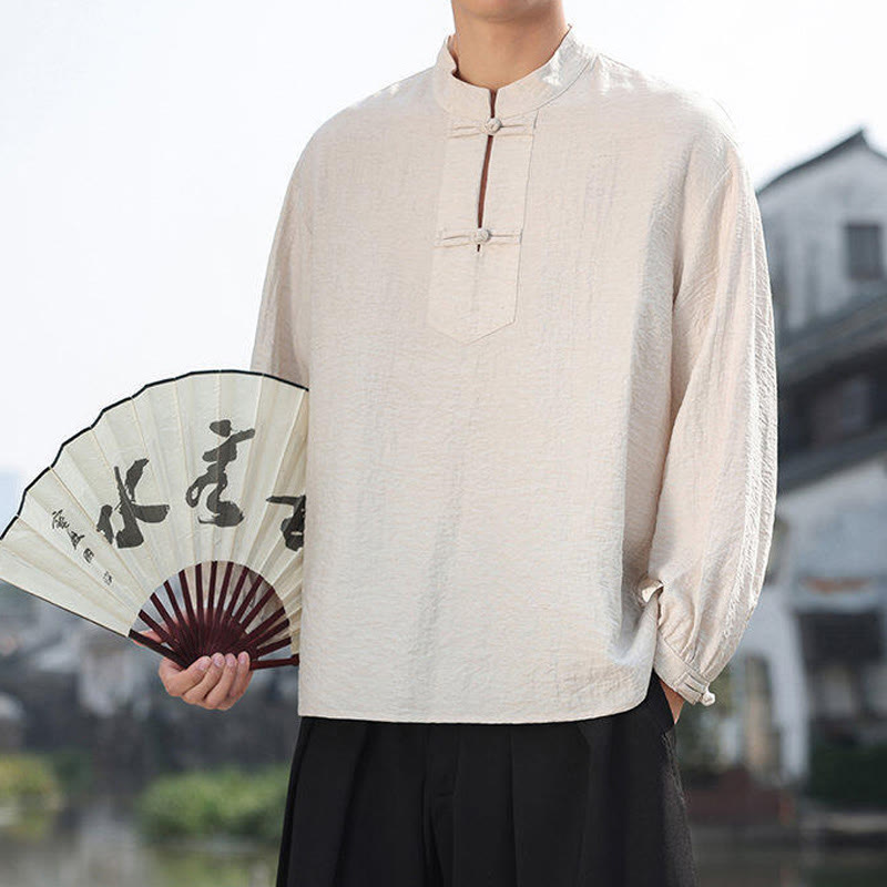 Nimara Ritual Two Frog-Button Stand Collar Long Sleeve Men's Cotton Shirt