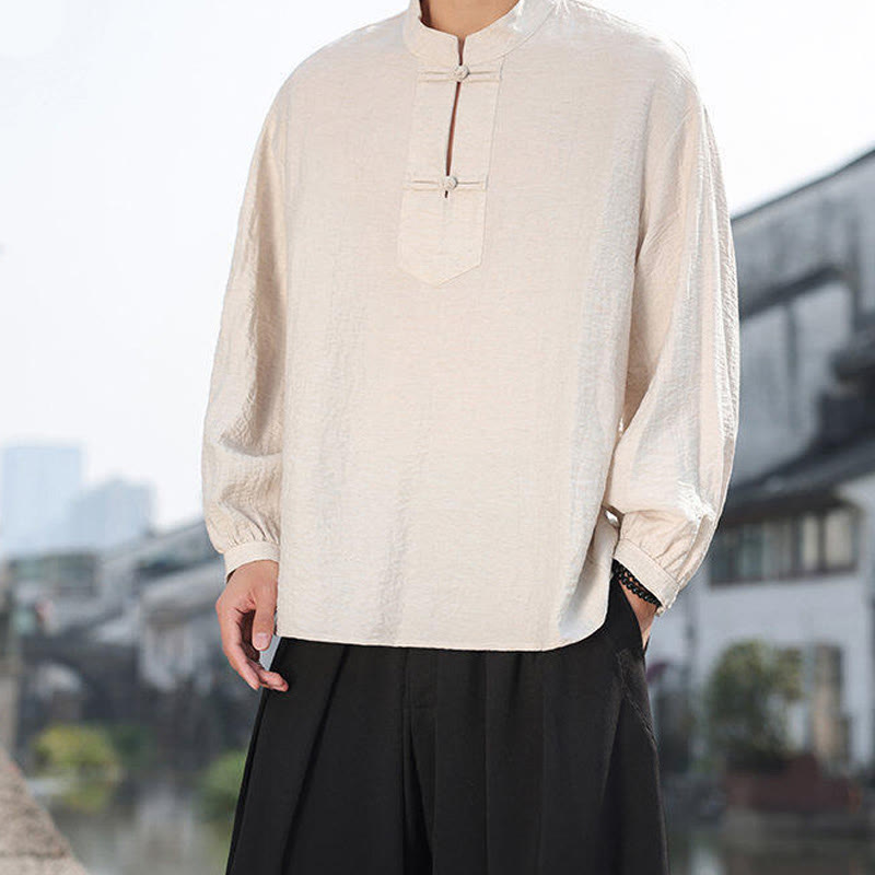 Nimara Ritual Two Frog-Button Stand Collar Long Sleeve Men's Cotton Shirt