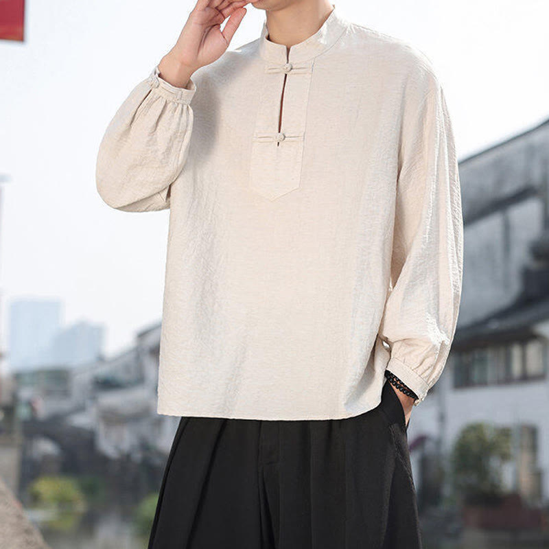 Nimara Ritual Two Frog-Button Stand Collar Long Sleeve Men's Cotton Shirt