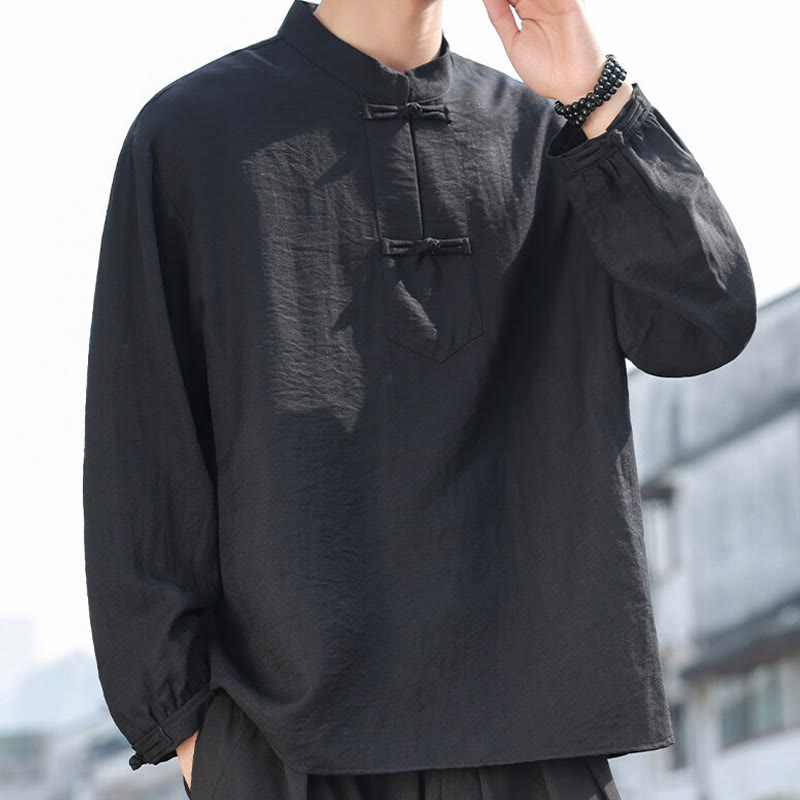 Nimara Ritual Two Frog-Button Stand Collar Long Sleeve Men's Cotton Shirt