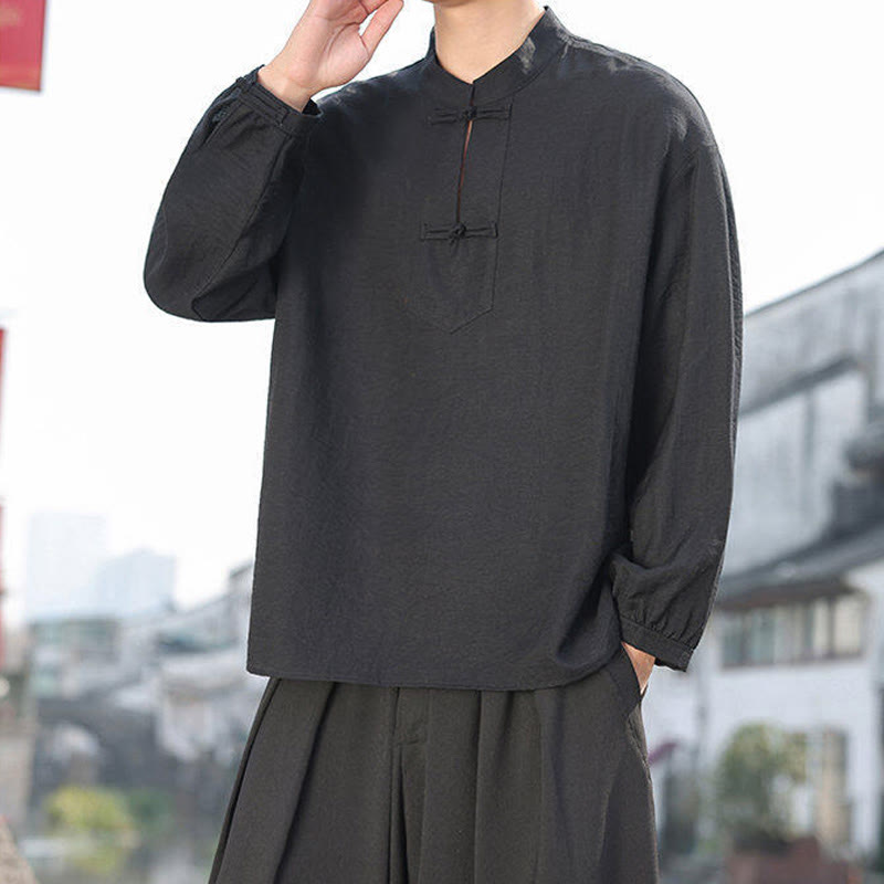 Nimara Ritual Two Frog-Button Stand Collar Long Sleeve Men's Cotton Shirt