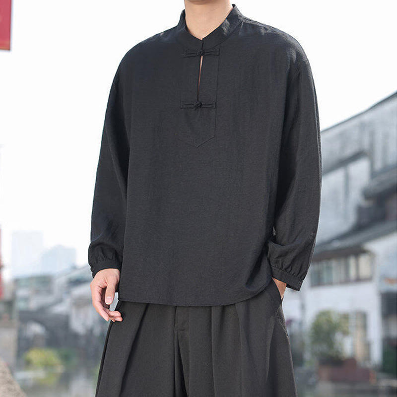 Nimara Ritual Two Frog-Button Stand Collar Long Sleeve Men's Cotton Shirt