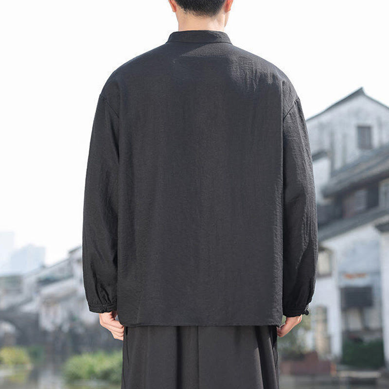 Nimara Ritual Two Frog-Button Stand Collar Long Sleeve Men's Cotton Shirt