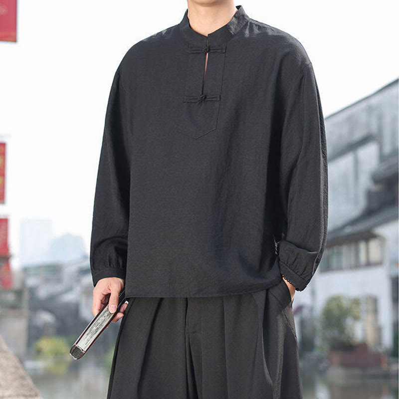 Nimara Ritual Two Frog-Button Stand Collar Long Sleeve Men's Cotton Shirt
