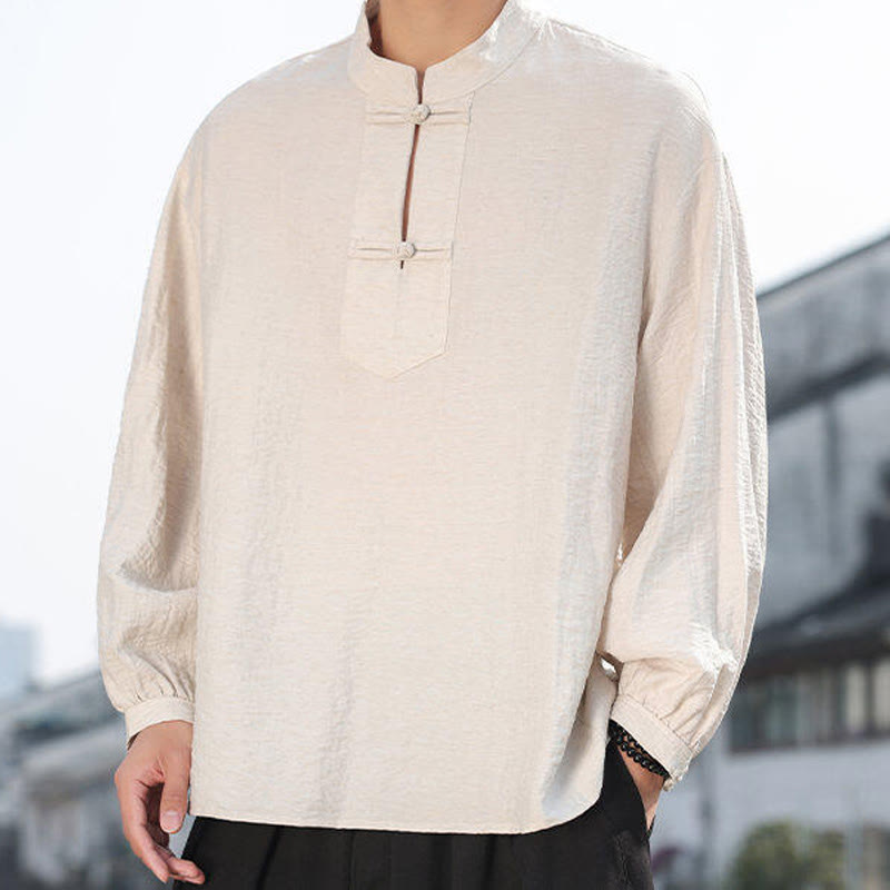 Nimara Ritual Two Frog-Button Stand Collar Long Sleeve Men's Cotton Shirt
