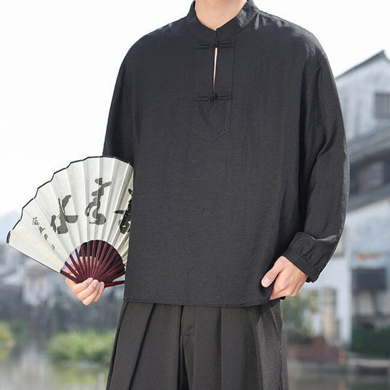 Nimara Ritual Two Frog-Button Stand Collar Long Sleeve Men's Cotton Shirt