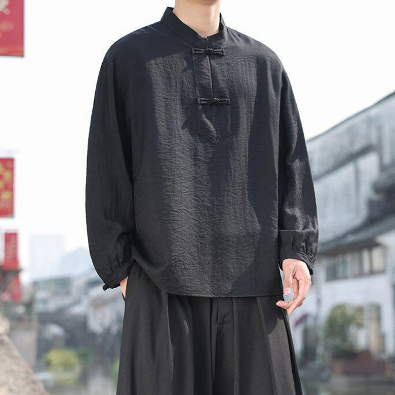 Nimara Ritual Two Frog-Button Stand Collar Long Sleeve Men's Cotton Shirt