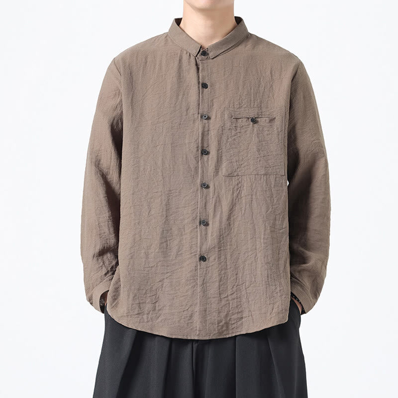 Nimara Ritual Vintage Plain Buttons Down Stand Collar Long Sleeve Men's Cotton Shirt