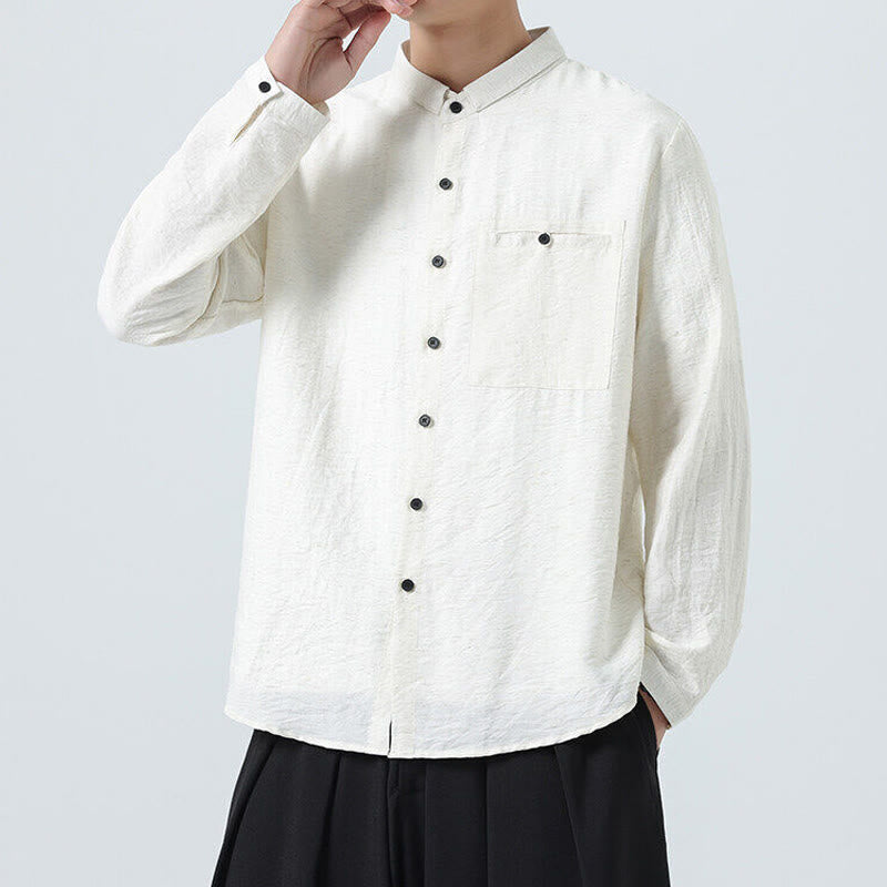 Nimara Ritual Vintage Plain Buttons Down Stand Collar Long Sleeve Men's Cotton Shirt