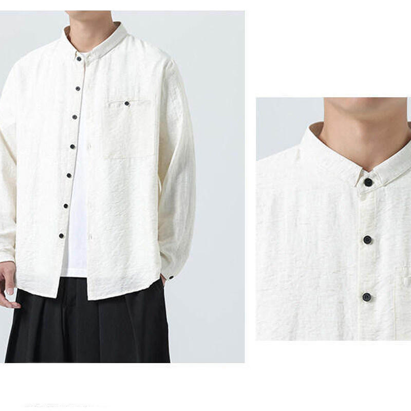 Nimara Ritual Vintage Plain Buttons Down Stand Collar Long Sleeve Men's Cotton Shirt